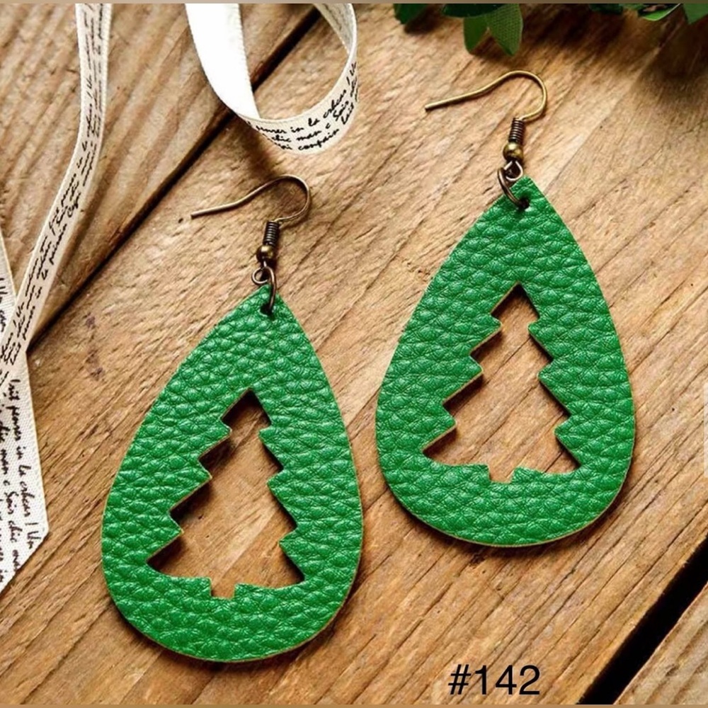 Whimsical Holiday Kelly Green Vegan Leather Christmas Tree Drop Dangle Earrings